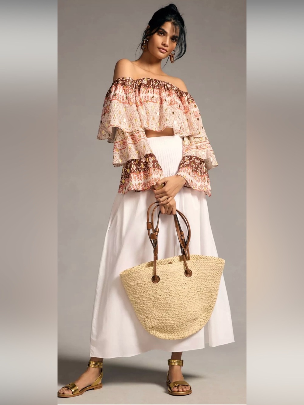 Anthropologie x Mare Mare Floral Off-Shoulder Ruffle Top in White, Brown & Gold